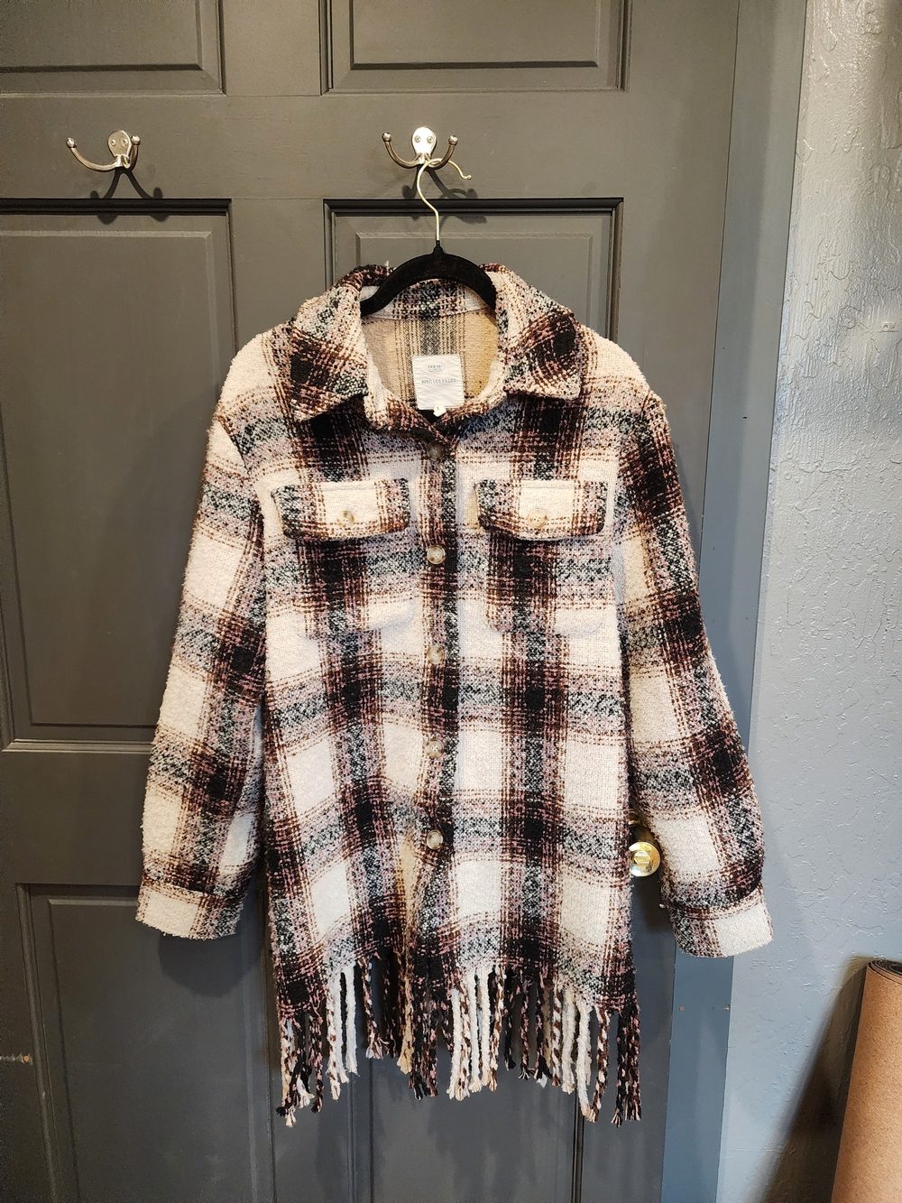 Anthropologie Avec Les Filles Plaid Fringe Shacket in Cream and Brown